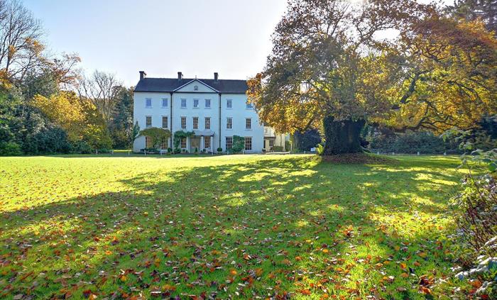 Plas Glansefin on a beautiful autumn day, with blue skies and colourful leaves sprinkled on the front lawn. The mighty 900 year old oak tree stands in